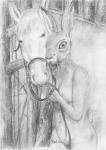 anthro duo female feral nude foxia equid equine hare horse lagomorph leporid mammal graphite_(artwork) greyscale monochrome traditional_media_(artwork)