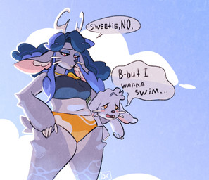 age_difference annoyed anthro antlers arm_tuft bikini black_clothing black_nose black_swimwear black_topwear blue_body blue_eyeshadow blue_fur blue_hair bodily_fluids bottomwear breasts clothed clothed_anthro clothed_female clothing cloud countershade_face countershade_fur countershade_legs countershade_thighs countershading crying curly_hair dialogue disappointed duo ears_down elbow_tuft eyebrows eyelashes eyeshadow female female_anthro fingers floppy_ears frown fully_clothed fully_clothed_anthro fully_clothed_female fur grumpy hair half-closed_eyes hand_on_hip holding_another hooved_fingers hooves horn inner_ear_fluff leg_tuft long_hair looking_at_another lop_ears makeup male male_anthro midriff multicolored_body multicolored_fur multicolored_hair narrowed_eyes navel older_female open_frown open_mouth orange_bottomwear orange_clothing orange_swimwear pink_inner_ear pivoted_ears red_eyes sad scut_tail short_tail simple_background sky slightly_chubby slightly_chubby_anthro slightly_chubby_female speech_bubble standing swimwear tail tears teary_eyes text thick_thighs thigh_tuft topwear tuft two-piece_swimsuit two_tone_body two_tone_fur two_tone_hair wet wet_body wet_fur whiskers white_fingers white_hooves white_horn white_inner_ear_fluff white_whiskers wings yellow_eyes young young_anthro young_male younger_male darkriallet deltarune undertale_(series) fan_character muriel_(darkriallet) lagomorph mammal wolpertinger english_text hi_res signature brother_(lore) brother_and_sister_(lore) sibling_(lore) sister_(lore)