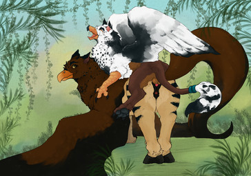 animal_genitalia animal_vulva beak black_claws brown_body brown_feathers claws clitoral_winking clitoris duo ear_piercing ear_ring equine_genitalia equine_vulva facial_piercing feathered_ears feathered_tail feathers feet female female_penetrated feral from_behind_position fur genitals green_eyes happy hooves interspecies larger_female male male/female male_penetrating male_penetrating_female mouth_closed nature nature_background nose_piercing nose_ring olive_eyes open_mouth orange_eyes pawpads paws penetration piercing plant quadruped raised_wings ring_piercing sex shrub size_difference smaller_male tail talons tan_body tan_fur toes vaginal vaginal_penetration vines white_body white_feathers wings ferocious_ferals european_mythology greek_mythology mythology ludwig_(grew) muse_(grew) avian gryphon hippogriff mythological_avian mythological_creature 2025 absurd_res hi_res signature