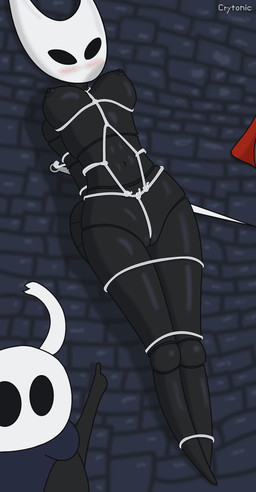 2_horns alternate_form ambiguous_gender anthro areola arthropod_abdomen biped black_areola black_body black_eyes black_nipples blue_cape blue_clothing blush bound breasts cape clothing duo empty_eyes female fingers genitals gesture hand_gesture horn navel nipples nude pointing pointing_at_another red_cape red_clothing stone_floor string text vulva weapon crytonic hollow_knight_(franchise) team_cherry hornet_(hollow_knight) the_knight_(hollow_knight) arthropod vessel_(species) 2025 artist_name english_text hi_res half_sister_(lore) sibling_(lore) sister_(lore)