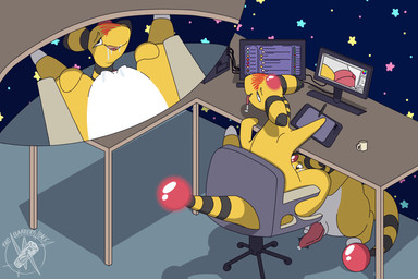 blush bodily_fluids chair clitoris computer computer_desk computer_screen container cunnilingus cup desk distracted distracted_sex drawing_tablet drooling duo electronics female feral furgonomic_furniture furgonomics furniture genital_fluids genitals hands_on_legs hands_on_thighs intraspecies male male/female mug office_chair oral penis precum precum_bead receiving_pov saliva sex table tapering_penis tongue tongue_out under_table vaginal vaginal_fluids vulva afterglow_ampharos notwhatweexpected nintendo pokemon ampharos generation_2_pokemon pokemon_(species) 3:2 hi_res story story_in_description