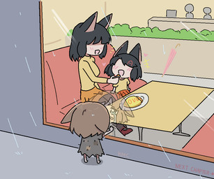 accessory ambiguous_gender blush blush_lines bodily_fluids bow_ribbon breasts crying detailed_background egg_(food) eyeless female furniture glass hair_accessory hair_bow hair_ribbon ragged_clothing raining reflection ribbons sitting sound_effects table talking_to_another tears text umbrella young dr.kimochi ponos_corp. the_battle_cats background_character neneko_(the_battle_cats) animal_humanoid felid felid_humanoid feline feline_humanoid humanoid mammal mammal_humanoid signature mother_(lore) mother_and_child_(lore) parent_(lore) parent_and_child_(lore)