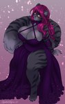 anthro arm_tuft belly big_belly big_breasts big_tail breasts clothed clothing dress eyelashes female fur glistening glistening_eyes grey_body grey_fur hair huge_breasts huge_tail huge_thighs leg_tuft long_tail looking_at_viewer markings mouth_closed orange_eyes overweight overweight_anthro overweight_female pink_hair purple_clothing purple_dress simple_background solo standing striped_arms striped_legs striped_markings striped_tail stripes tail tail_markings thick_thighs tuft wide_hips tiggybloom felid mammal 2022 hi_res