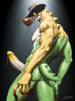anthro big_penis blood blood_drip blood_from_mouth blood_in_mouth blood_on_hand blood_on_mouth blood_on_teeth bodily_fluids butt candy casual_nudity claws clothing cowboy_hat creepy creepy_face dessert dripping food genital_fluids genitals hat hat_only headgear headgear_only headwear headwear_only humanoid_genitalia humanoid_penis light looking_at_viewer looking_back male mostly_nude multicolored_body muscular muscular_anthro muscular_male nipples nude obliques pecs penis precum precum_drip pupils scales scary serratus shadow_face sharp_teeth short_tail simple_background slit_pupils solo spikes spikes_(anatomy) spotlight standing tail teeth yellow_eyes amon-sydonai glitch_productions the_amazing_digital_circus evil_gummigoo_(tadc) gummigoo_(tadc) alligator alligatorid crocodilian food_creature living_candy reptile scalie 2026 3:4 absurd_res hi_res lighting shaded signature watermark