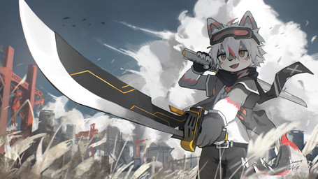5_fingers anthro belt biped blue_sky bottomwear clothing cloud cloudy_sky eyewear eyewear_on_head fingers fluffy fluffy_tail fur goggles goggles_on_head grey_body grey_fur hair holding_melee_weapon holding_object holding_sword holding_weapon kemono male melee_weapon multicolored_body multicolored_fur open_mouth open_smile outside pants scarf sky smile solo standing sword tail weapon white_body white_clouds white_fur white_hair yellow_eyes mag_inu zinosama avian bird canid canine canis domestic_dog mammal 16:9 2024 4k absurd_res cel_shading digital_drawing_(artwork) digital_media_(artwork) hi_res shaded signature wallpaper widescreen