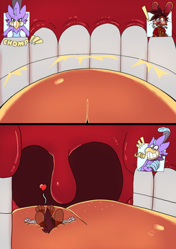3_toes 4_fingers 5_fingers anthro beak big_feet big_grin big_tongue blush blush_lines cartoon_gloves clothing confident content_smile duo feet fingers in_mouth inside_mouth macro male male/male mawplay micro orange_tongue paws shirt smug smug_expression smug_grin thick_tongue toes tongue toony topwear uvula vore whiskers wide_tongue wing_fingers klizlove roderick_(tamerkoh) toon_twack_(klizlove) twack_(klizlove) avian bird lagomorph leporid mammal rabbit absurd_res hi_res