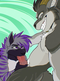 anthro blowjob_face duo ear_piercing ear_ring eyewear fellatio fur genitals glasses knot knotted_penis male male/male oral penile penis penis_in_mouth piercing ring_piercing sex sucking sucking_tip kabscorner mythology kane_(kanedragon) yeenclave_(enclave_remnant2) dragon furred_dragon furred_scalie hyena mammal mythological_creature mythological_scalie scalie absurd_res hi_res