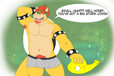 anthro armband armpit_hair balls_outline barazoku belly biped body_hair bottomwear bracelet bulge clothed clothing detailed_bulge dialogue erection erection_under_clothing facial_hair genital_outline green_body green_scales happy_trail horn jewelry male male_anthro muscular muscular_anthro muscular_male pecs penis_outline pubes scales shell smile solo spiked_armband spiked_bracelet spikes spikes_(anatomy) text underwear yellow_body yellow_scales zordykeaboo mario_bros nintendo bowser koopa reptile scalie 3:2 english_text hi_res