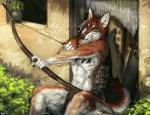 5_fingers abs anthro arrow_(weapon) black_eyes blue_eyes bow_(weapon) brown_body brown_fur clothed clothing detailed_background eswolf feathers fingers fur holding_object holding_weapon male quiver_(object) ranged_weapon solo topless tribal weapon white_body white_fur nukerooster miles_(miles-wolf) canid canine canis mammal wolf