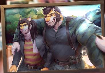 anthro arm_around_shoulders beard black_claws black_clothing black_hair black_jacket black_topwear blue_eyes camera camo camo_clothing camo_print camo_shirt camo_topwear claws clear_sky clothing day detailed_background duo facial_hair fangs finger_claws forest fur green_camo hair holding_camera holding_object holding_picture inside jacket long_hair looking_at_viewer male markings multicolored_body multicolored_fur one_eye_closed outside pattern_clothing pattern_shirt pattern_topwear picture_frame pink_nose plant red_stripes sabertooth_(anatomy) scarf shirt sky smile snaggle_tooth striped_clothing striped_markings striped_shirt striped_tail striped_topwear stripes tail tail_markings taking_picture taking_selfie teeth toony topwear tree two_tone_body two_tone_fur white_body white_fur white_scarf wink yellow_body yellow_fur yellow_stripes physen akimori_(myokuju) michael_(myokuju) felid lion mammal pantherine tiger 2021 absurd_res detailed hi_res father_(lore) father_and_child_(lore) father_and_son_(lore) parent_(lore) parent_and_child_(lore) parent_and_son_(lore) son_(lore)