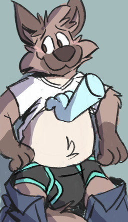 anthro belly black_briefs black_clothing black_underwear blue_background blue_bottomwear blue_clothing blue_pants blue_seam_briefs blue_seam_underwear blush bottomwear briefs brown_body brown_eyes brown_fur brown_nose clothed clothing colored_seam_briefs colored_seam_underwear disembodied_hand fur ghost_hand male open_bottomwear open_clothing open_pants pants shirt simple_background solo t-shirt t-shirt_lift topwear underwear white_clothing white_shirt white_t-shirt white_topwear mushketeery mushy_(mushketeery) mushy_(mushketeteery) hyena mammal absurd_res hi_res