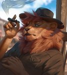 anthro blue_eyes blue_sky blurred_background brown_clothing brown_hat brown_headwear brown_nose brown_topwear chair cigar clothed clothing cloud eyelashes fur furniture green_eyes hair hat headgear headwear holding_cigar holding_object male mane on_chair orange_body orange_fur orange_hair orange_mane reclining sky smoke smoking solo teeth three-quarter_view topwear whiskers marie_merkh felid lion mammal pantherine absurd_res half-length_portrait hi_res portrait