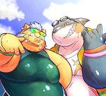 anthro belly countershading duo eyewear grin male musclegut muscular overweight overweight_male pecs sharp_teeth slap_mark smile sunglasses teeth tusks wetsuit chi_tiu chiro_(artist) lifewonders tokyo_afterschool_summoners ganglie_(tas) typhon_(tas) fish mammal marine shark suid suine sus_(pig) wild_boar 2022 absurd_res hi_res