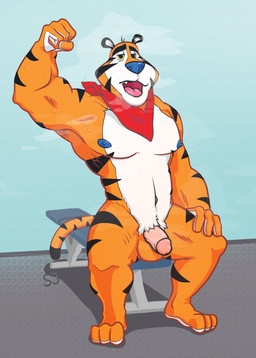 armpit_fetish ascot balls barefoot black_body black_fur blue_nipples bodily_fluids clothed clothing countershading exercise feet flaccid flexing fur genitals glans gym looking_at_viewer male mascot muscular muscular_male musk navel nipples nude nude_workout orange_balls orange_body orange_fur partially_clothed pecs penis pink_glans pink_penis solo stripes sweat topless white_body white_fur workout silentjay frosted_flakes kellogg's tony_the_tiger felid mammal pantherine tiger absurd_res hi_res