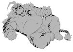 anthro balls belly erection genitals lying male musclegut muscular navel nipples on_back pecs penis solo speedo_aside tuokemao lifewonders tokyo_afterschool_summoners hombre_tigre_(tas) felid mammal pantherine tiger absurd_res greyscale hi_res monochrome