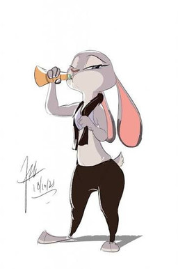 anthro bottle bottomwear clothed clothing container drinking female fur grey_body grey_fur multicolored_body multicolored_fur one_eye_closed pants solo topwear towel two_tone_body two_tone_fur water water_bottle windspan disney zootopia judy_hopps european_rabbit lagomorph leporid mammal oryctolagus rabbit 2025 digital_media_(artwork)