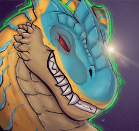 ambiguous_gender earth fangs feral growth_lines light light_beam looking_down macro planet red_eyes solo space sunbeam sunlight teeth terra_macro toothy_grin aeronus capcom monster_hunter grev_(greviste) flying_wyvern tigrex