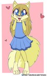 adolescent anthro barefoot black_nose blonde_hair blue_eyes clothed clothing dress eyewear feet female fur glasses hair happy heart_symbol open_mouth solo yellow_body yellow_fur young young_female fuf polymorph canid canine fox mammal hi_res