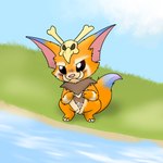 blush bodily_fluids bottomwear clothing crouching cum cum_drip cum_in_clothing dripping embarrassed erection genital_fluids loincloth male river solo young tribaldragon league_of_legends riot_games tencent gnar_(lol) yordle 1:1 hi_res