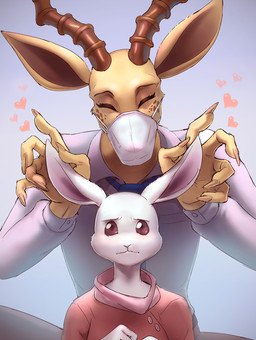 accessory anthro biped brown_eyes clothed clothing duo eyes_closed female fingers front_view fur heart_symbol horn male mouth_closed necktie simple_background tan_body tan_fur topwear worried poolpka beastars haru_(beastars) melon_(beastars) antelope bovid felid gazelle hybrid lagomorph leopard leporid mammal pantherine rabbit hi_res