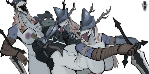 anthro armor big_butt breasts butt butt_from_the_front butt_grab canon_x_oc female group hand_on_butt knife leaning leaning_forward male male/female melee_weapon scared sword tongue tongue_out weapon goonie-san bloodborne fromsoftware mythology sony_corporation sony_interactive_entertainment abyss_watchers goon_(goonie_san) vicar_amelia beast_(bloodborne) canid canine canis domestic_dog mammal monster mythological_canine mythological_creature werecanid werecanine werecreature werewolf absurd_res hi_res