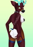 anthro antlers biped black_collar black_nose breasts butt clothing collar exposed_breasts female hand_on_butt hand_on_own_butt horn latex latex_clothing latex_skinsuit nipples pasties rubber_clothing skinsuit solo spiked_collar spikes standing tight_clothing tongue tongue_out kaepotassium deer mammal 2020 absurd_res hi_res