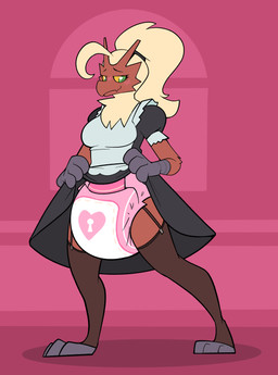 3_fingers 3_toes accessory ahoge ambiguous_gender anthro blonde_hair blush blush_lines claws clean_diaper clothed clothing clothing_lift diaper dress dress_lift feet finger_claws fingers geometric_background hair hair_accessory hairband heart_symbol legwear lock_symbol locked_diaper maid_uniform pink_background red_body simple_background smile snaggle_tooth solo stockings toes translucent translucent_clothing translucent_legwear translucent_stockings uniform wearing_diaper bubblepuppers nintendo pokemon yuukari blaziken generation_3_pokemon pokemon_(species) absurd_res archived_source hi_res source_request