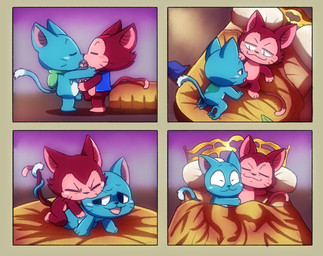 anal anal_penetration animal_genitalia anthro back_tattoo bed bedding bedroom bedroom_sex blanket blue_body blue_fur blush blush_stickers bottomless clothed clothing clothing_aside cuddling doggystyle duo entwined_tails fellatio french_kissing from_behind_position frottage fur furniture genitals head_board kissing licking_tongue long_tail male male/male markings nude oral penetration penile penises_touching pillow pink_markings pointy_ears prick_ears red_body red_fur sex sheath tail tail_coil tattoo tongue tongue_out topwear topwear_only vest vest_only whiskers white_markings shiromon999 fairy_tail happy_(fairy_tail) lector_(fairy_tail) domestic_cat exceed felid feline felis mammal comic hi_res