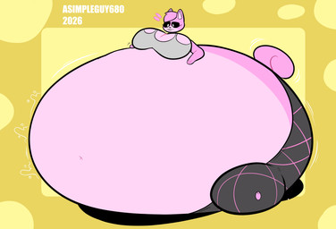 anthro belly big_belly big_breasts big_tail black_bottomwear black_clothing black_nose black_pants black_sclera black_yoga_pants bottomwear bra breasts buckteeth clothing eyelashes female grey_bra grey_clothing grey_sports_bra grey_underwear hair hand_on_belly hand_on_own_belly huge_belly huge_breasts huge_tail hyper hyper_belly hyper_breasts hyper_pear looking_at_belly looking_at_own_belly looking_down looking_down_at_self morbidly_obese morbidly_obese_anthro morbidly_obese_female motion_lines multicolored_body navel obese obese_anthro obese_female overweight overweight_anthro overweight_female pants pink_body pink_ears pink_hair pink_inner_ear pink_tail simple_background sitting smile solo sports_bra tail teeth text three-quarter_view tight_clothing two_tone_body underwear white_eyes yellow_background yoga_pants asimpleguy680 susie_(reathe) mammal rodent sciurid tree_squirrel 2026 artist_name colored digital_media_(artwork) flat_colors hi_res