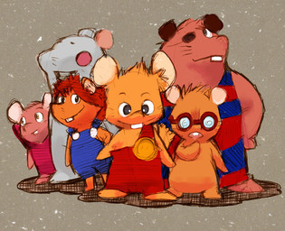 anthro biped black_eyes brown_body chibi clothing eye_patch eyes_closed eyewear glasses group overalls shirt topwear young young_anthro nannyou gamba_no_bouken gamba_no_bouken_(series) bobo_(gamba_no_bouken) chuuta gakusha ganba ikasama yoisho mammal mouse murid murine rodent 2009