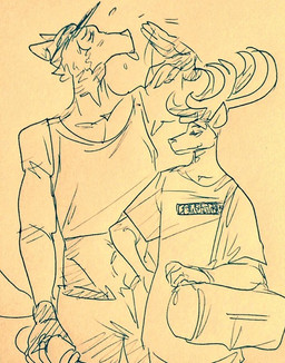 anthro antlers bodily_fluids bottle clothed clothing container crop_top duo exercise eyes_closed fanning fanning_self fully_clothed horn male male/male shirt sweat tank_top topwear visor water_bottle workout wuffinarts beastars legoshi_(beastars) louis_(beastars) canid canine canis cervine deer mammal red_deer wolf