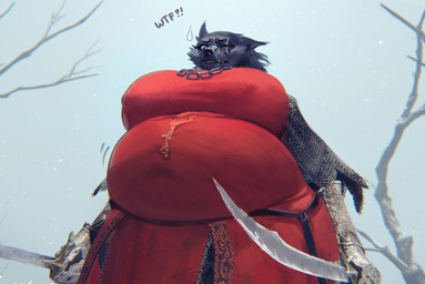 anthro armor belly belly_focus belly_jiggle big_belly big_breasts breasts chainmail clothing crossgender dress erect_nipples eye_scar facial_scar female huge_breasts interrobang jiggling looking_at_belly looking_down low-angle_view melee_weapon nipples outside overweight overweight_female perspective plant scar solo sword tight_clothing tree weapon emberwick elden_ring fromsoftware blaidd_(elden_ring) canid canine canis mammal wolf absurd_res digital_media_(artwork) digital_painting_(artwork) hi_res painting_(artwork)