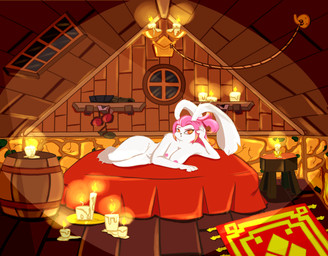 anthro areola bed breasts candle female fur furniture hair lying lying_on_bed nails on_bed orange_eyes pink_hair solo white_body white_fur undead-sky gunfire_reborn tao_(gunfire_reborn) lagomorph leporid mammal rabbit absurd_res hi_res