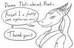 anthro clothed clothing comic digital_media_(artwork) dragon english_text female feretta half-length_portrait low_res mis'alia monochrome mythological_creature mythological_scalie mythology portrait scalie silver_dragon solo text tumblr