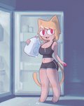 appliance athletic_wear belly big_breasts breasts drinking_milk female fridge kitchen_appliance milk milk_container milk_on_ground solo thick_thighs soaphisoap tsukihime type-moon neco-arc domestic_cat felid feline felis mammal hi_res