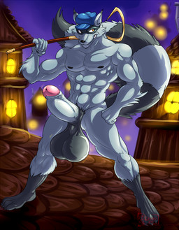 4_toes 5_fingers abs anthro balls biceps big_balls big_penis biped black_body black_fur black_nose clothing erection feet fingers fur genitals grey_body grey_fur grin hat hat_only headgear headgear_only headwear headwear_only holding_object humanoid_genitalia humanoid_penis lamp lantern looking_aside male mask mostly_nude multicolored_body multicolored_fur muscular muscular_anthro muscular_male night nipples outside penis pose sky smile solo standing toes two_tone_body two_tone_fur hungothenomster sly_cooper_(series) sony_corporation sony_interactive_entertainment sucker_punch_productions sly_cooper mammal procyonid raccoon 2017 hi_res