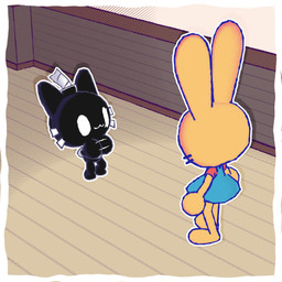 :3 anthro black_body blue_clothing blue_dress bomb clothing dancing dress duo explosion explosives female fuse male orange_clothing orange_shirt orange_topwear outline overall_dress pawpads shirt topwear whiskers white_eyes white_outline yellow_body conditional_dnp pulp_(artist) cat_breakdancing_meme vanilla_(pulp) felid feline felis lagomorph leporid mammal rabbit 1:1 3d_(artwork) 3d_animation animated digital_media_(artwork) halftone meme short_playtime sound webm