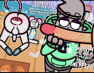 anthro anus blue_clothing blue_shirt blue_topwear bodily_fluids butt clothing digit_ring female food footwear freckles fur gaping genitals green_clothing green_jacket green_topwear grey_body grey_fur group jacket jewelry male markings mole_(marking) penis penis_sniffing pink_tail pizza presenting presenting_hindquarters ring romantic romantic_couple shirt sniffing socks sweat tail text topwear trio conditional_dnp mykendyke dykie_(mykendyke) simon_(mykendyke) human mammal mouse murid murine procyonid raccoon rodent absurd_res hi_res