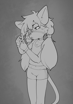anthro clothing eye_patch eyewear female filing hair long_hair nails sharpening shirt solo standing topwear young gheezz keira_(balmung) domestic_cat felid feline felis mammal absurd_res hi_res monochrome sketch