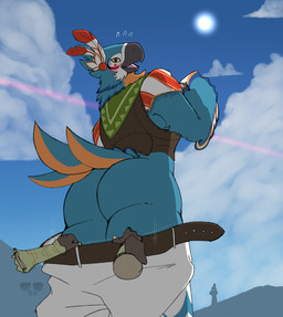 anthro assisted_exposure big_butt blue_body blue_feathers blush bodily_fluids bottomwear bottomwear_down butt clothed clothing cloud disembodied_hand duo feathers looking_at_viewer male pants pants_down pantsing partially_clothed sky sun surprised sweat thick_thighs securipun breath_of_the_wild nintendo the_legend_of_zelda kass_(tloz) avian rito absurd_res hi_res