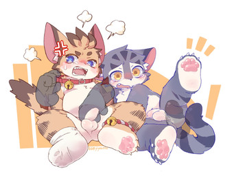 angry anthro balls bell bell_collar blue_eyes blush bodily_fluids brown_body brown_fur clothing collar collar_pull countershading disembodied_hand disembodied_penis duo embarrassed fangs footwear foreskin front_view fur genitals grey_body grey_fur grope imminent_sex male nude orange_body orange_fur pawpads penis questionable_consent raising_leg simple_background sitting socks spread_legs spreading tears teeth white_body white_countershading yellow_eyes young young_anthro young_male lang_yus ff_glu_(character) felid feline mammal 2026 4:3 colored hi_res
