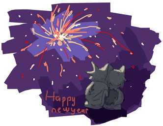 anthro clothed clothing couples duo fireworks holidays male male/male romantic romantic_couple shadow tail text toastedeh new_year canid canine canis domestic_cat felid feline felis mammal wolf english_text shaded