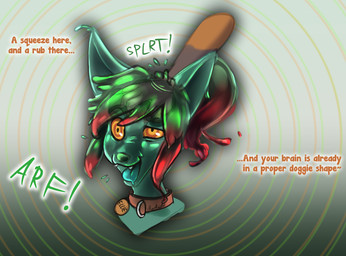 anthro brain collar dialogue disembodied_hand duo female green_hair green_tongue hair mind_control name_tag organs ponytail ringed_eyes simple_background smile text tongue moomaid lazhannya canid canine canis domestic_dog goo_creature mammal 2025 absurd_res digital_media_(artwork) english_text hi_res