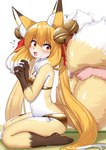 anthro bell blonde_hair blush breasts clothed clothing female female_anthro fur hair inner_ear_fluff kemono simple_background tail tail_grab tuft white_body horokusa0519 nio_(horokusa) canid canine mammal hi_res