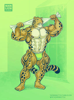 abs anthro areola big_bulge big_muscles bulge clothing countershading drying ear_piercing eyes_closed gym huge_muscles hyper hyper_muscles jockstrap locker male muscular muscular_anthro muscular_male nipples pecs piercing smile solo text thick_thighs towel underwear purrcules_(artist) benji_(mainlion) clouded_leopard felid mammal pantherine 2016 url