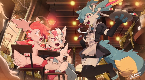 ambiguous_gender anthro armwear balancing beverage biped black_armwear black_clothing black_legwear black_thigh_highs blue_body blue_fur blush blush_lines bottomless bow_tie brick_wall cafe chair cheek_tuft clothed clothing container cup facial_tuft fangs female femboy fluffy fluffy_tail freckles fur furniture group hair heterochromia holding_object hot_beverage inside lamp legwear maid_cafe maid_uniform male markings multicolored_body multicolored_fur multicolored_hair nude offscreen_character one_leg_up open_mouth pink_body pink_fur pink_hair plant raised_leg ribbons scarf sitting smile table tail tan_body tan_fur teeth thigh_highs tray tricolor_fur trio tuft uniform wall_(structure) white_body white_fur window sourbeefio nintendo pokemon aquafresh_(sylve0n) cherry_(sylve0n) sylve0n_(user) eeveelution generation_1_pokemon generation_4_pokemon generation_6_pokemon legendary_pokemon pokemon_(species) shaymin sky_forme_shaymin sylveon vulpix 2025 digital_drawing_(artwork) digital_media_(artwork) hi_res