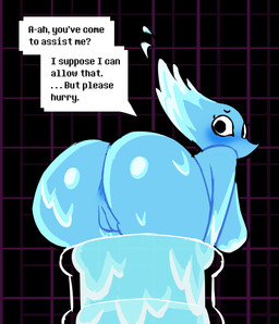 anthro anus big_butt blue_body blush breasts butt darkened_anus dialogue ellipsis embarrassed eyebrows female female_anthro genitals looking_at_viewer looking_back mouthless pattern_background question_mark raised_inner_eyebrows rear_view simple_background simple_eyes snout solo stuck talking_to_viewer text text_box vulva water lovetopullmicke deltarune undertale_(series) miss_mizzle darkner elemental_creature mizzle_(deltarune) water_creature 2025 digital_drawing_(artwork) digital_media_(artwork) english_text hi_res