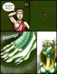 2003 anthro armwear barefoot blonde_hair breasts clothed clothing comic dialogue dragon duo ear_piercing english_text eyes_closed feet female footwear gem green_eyes hair horn human jewelry long_hair macro male mammal markie mythological_creature mythological_scalie mythology nina_(markie) piercing pupils sandals scalie slit_pupils smile speech_bubble stomping text