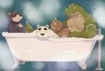 anthro bathtub black_body black_nose brown_body claw_foot_bathtub green_body group kemono male musclegut muscular slightly_chubby steam white_body arufina_w alligator alligatorid bear canid canine canis crocodilian domestic_dog mammal reptile scalie suid suine sus_(pig) wild_boar 2024 hi_res