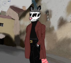anthro belt belt_buckle black_body black_bottomwear black_clothing black_fur black_pants black_sweater black_topwear black_turtleneck bottomwear brown_clothing brown_coat brown_topwear buckle building clothing coat detailed_background facial_markings fur gold_buckle grey_body grey_fur hand_in_pocket head_markings long_coat looking_at_viewer male markings multicolored_tail neutral_expression outside pants pink_nose pink_tail pockets solo standing street striped_face striped_markings striped_tail stripes sweater tail tail_markings topwear town turtleneck white_body white_fur white_tail grobowski american_opossum didelphid mammal marsupial absurd_res hi_res